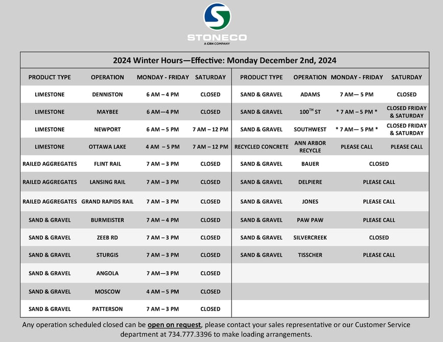 Stoneco Winter Hours (12-02-2024)